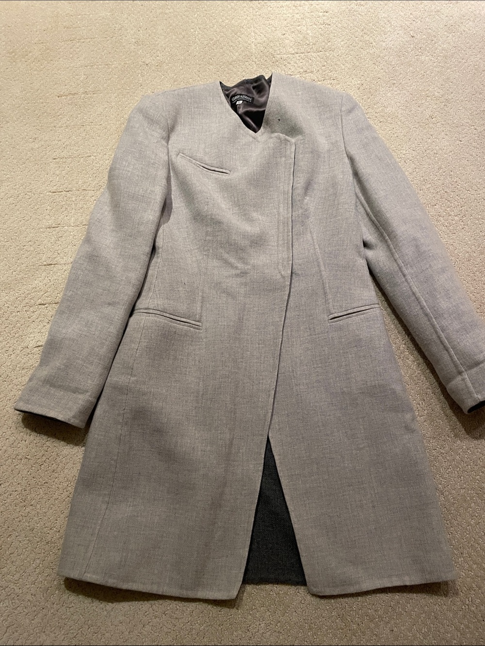 Giorgio Armani Black Label Light Grey Collarless Long Trench Coat